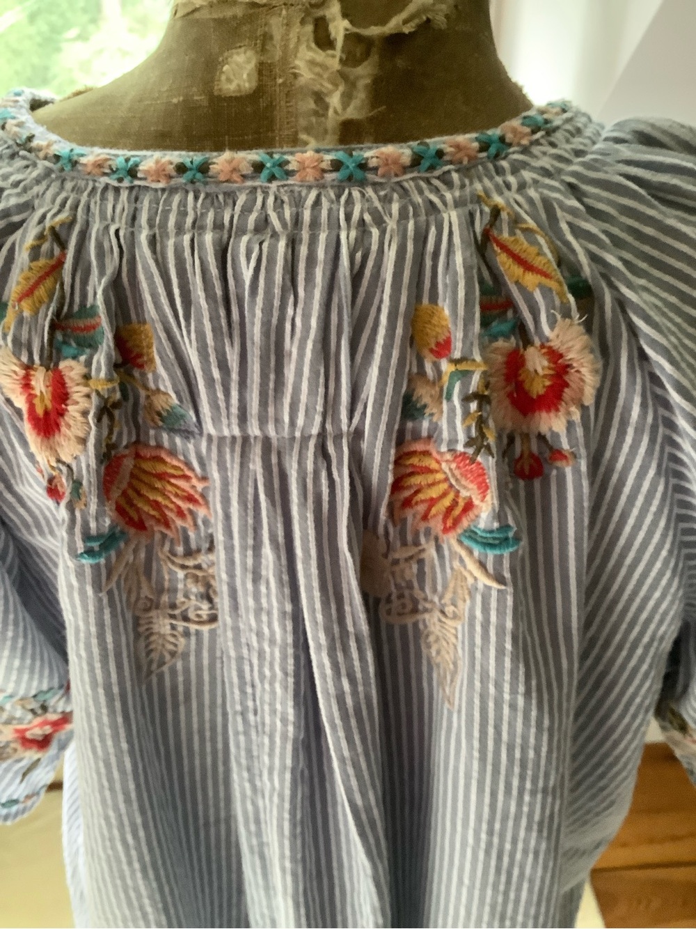 Blue Striped Embroidered Peasant Blouse with Red Tassels - Picture 7 of 14